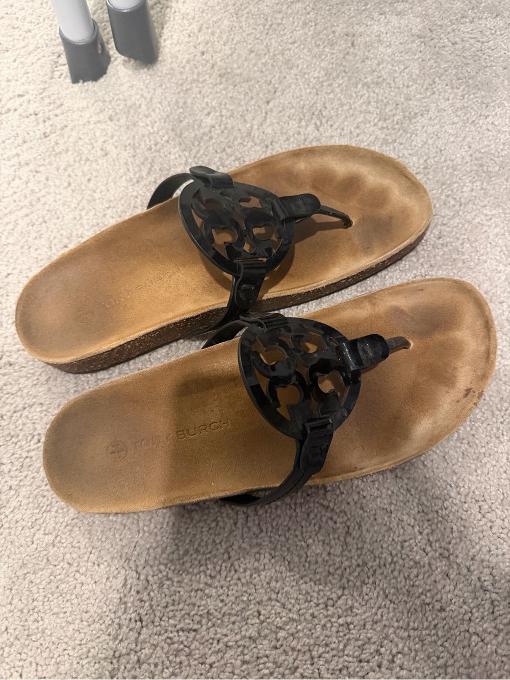 Tory Burch Black Patent Logo Thong Sandals on Cork Footbed